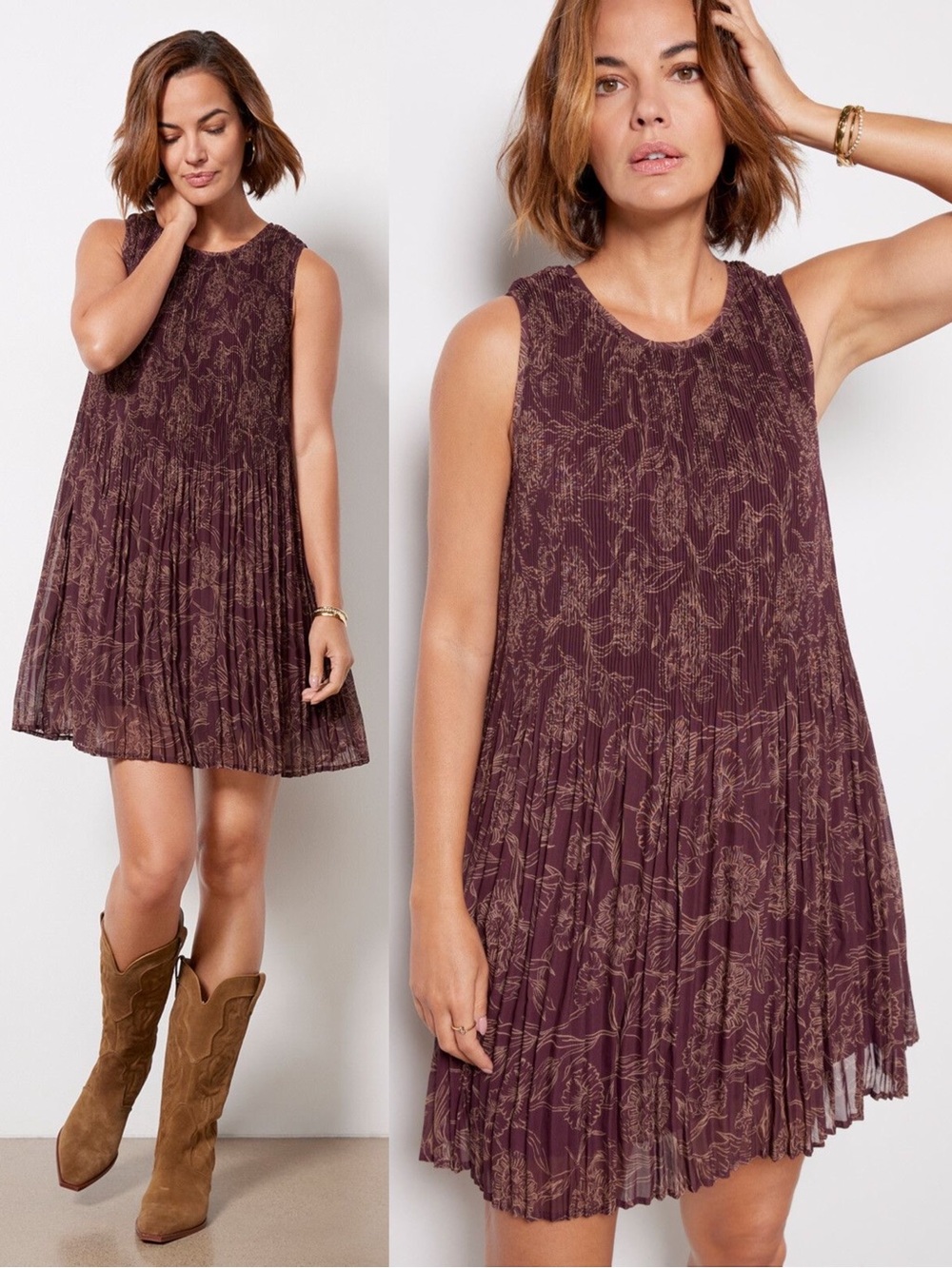 EVEREVE Hazel Pleated Burgundy Floral Swing Mini Dress Sleeveless Small
